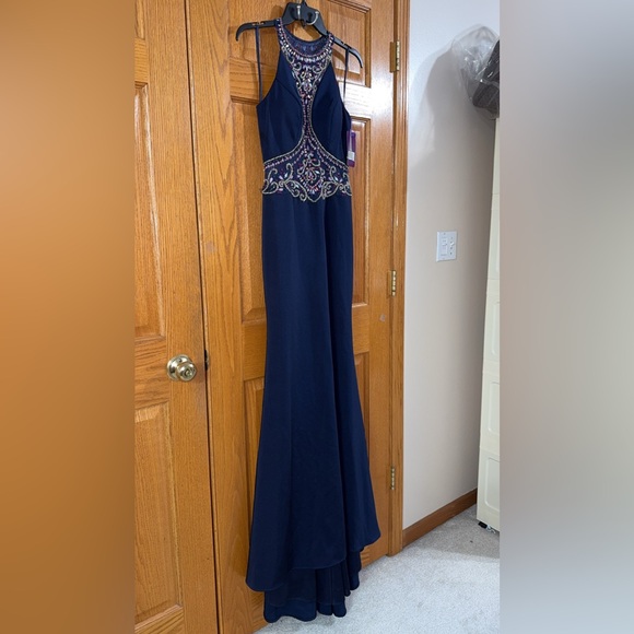 Abby Paris Formal Dress Size 8 Navy Blue Beaded Waist Train Gown AUTHENTIC NWT - Picture 10 of 15
